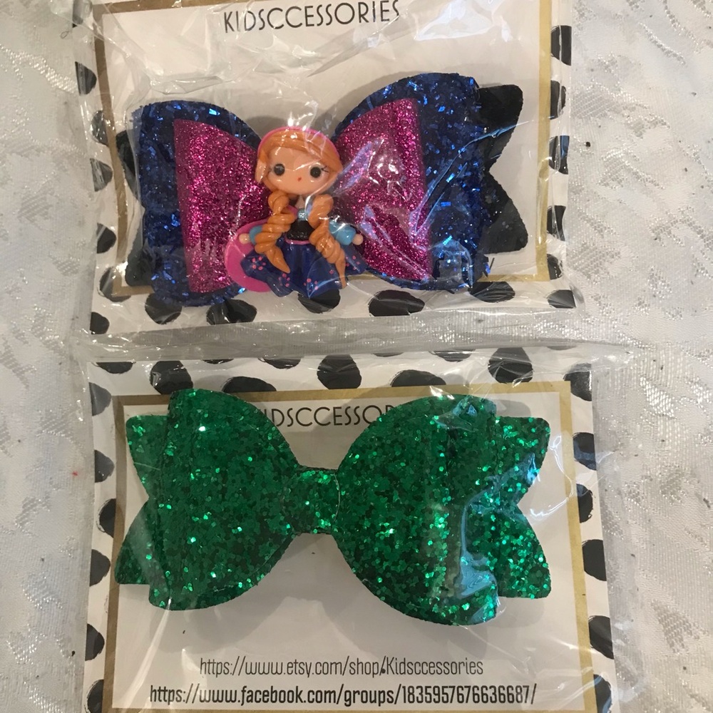 Glitter Bow Hair Clips - Blue, Pink & Green